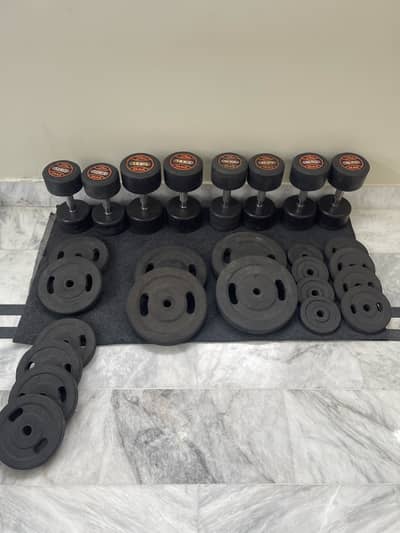 Dumbbells  + weight plates + benches + rods + bicep buster