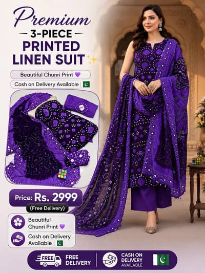 Premium Chunri Printed Linen 3-Piece Suit (Free Home Delivery)