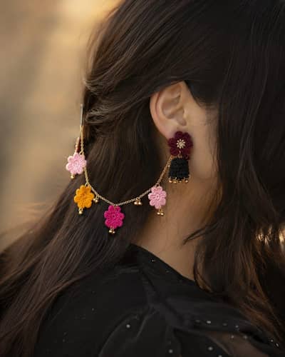 Beautiful Handmade Crochet Earring with Hair Chain (Sahara Set)