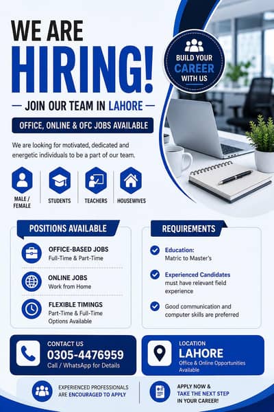 Staff Required Male/Female[lahore] Male/Female | Part-Time & Full-Time