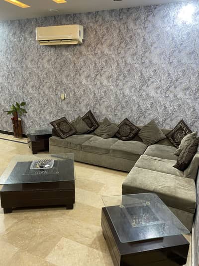 L Shaped Modern Sofa set(molty foam)+3 Brown Tables+3 14mm mirror