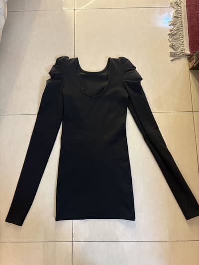 ONE Black Bodycon Dress with Ruffled Sleeves – Size Medium