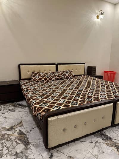 pure wooden 2 beds with side tables