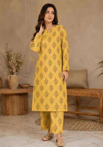 2 Piece Lawn Suit for Women – Brand New – Mustard Yellow Printed
