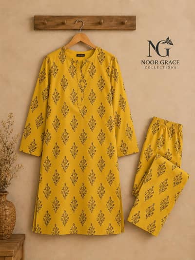 2 Piece Lawn Suit for Women – Brand New – Mustard Yellow Printed