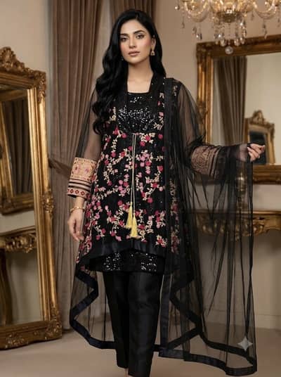 Black floral embroidered 4 pcs dress