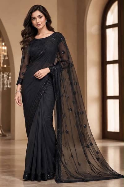 Net embroidered black saree With heavy Belt