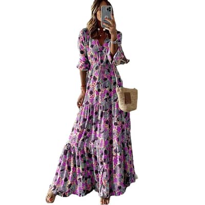 printed it long dress V neck