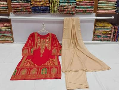 Red Arabic Lawn 3Pcs Printed suit with Chiffon Dupatta