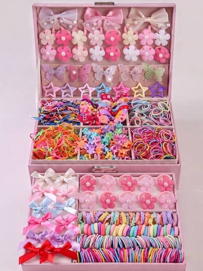 984Pcs Girls Pink Bow Hair Clips & Hair Ties Set