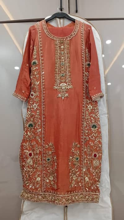 silk zari work orange suit by house of fashion