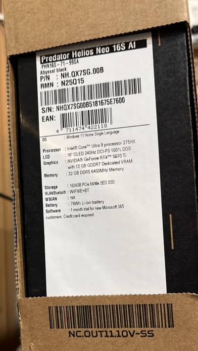 Acer Predator,  Intel Core Ultra 9, RTX 5070Ti, 32GB/1TB,  16" OLED