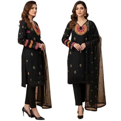Organza 3-Piece Suit For Women | Unstitched Handmade Aari Zari & Beads
