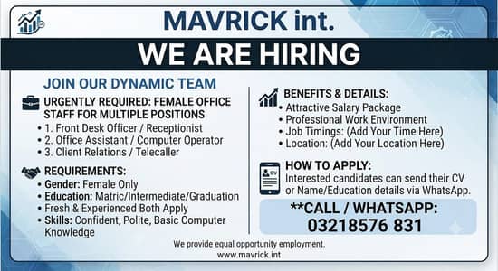​Female Staff Required For Multiple Positions (Office Work)