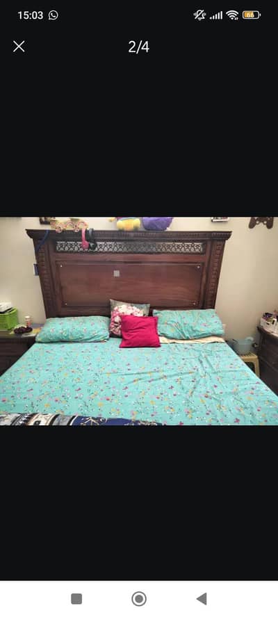 wooden bed set with side tables and dressing table