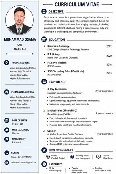 Radiology Technician / Medical Sales Officer Looking for Job/Cashier