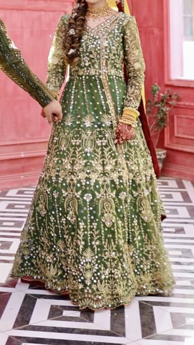 Gulaal (maahru) stitched Green Embroidered angrakha frok with lehnga