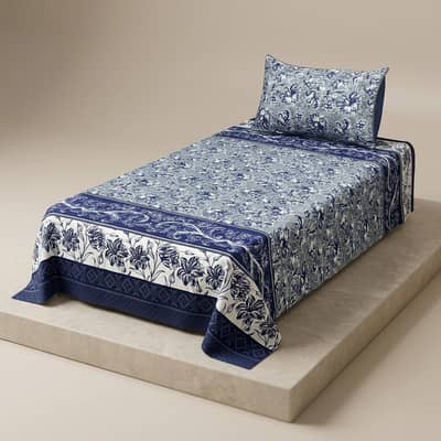 Blue Floral Crystal Cotton Single Bedsheet Set 240x150cm