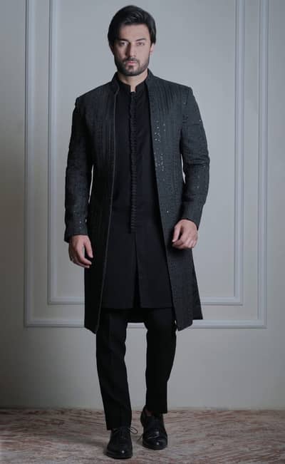 Black open front Sherwani Set - XXL