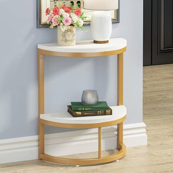 2-Tier End Table Semi Circle, Small Half Round Side Table With Storage Shelf, Space Saving Narrow Accent Sofa Couch Table For Living Room, Bedroom (Gold White)