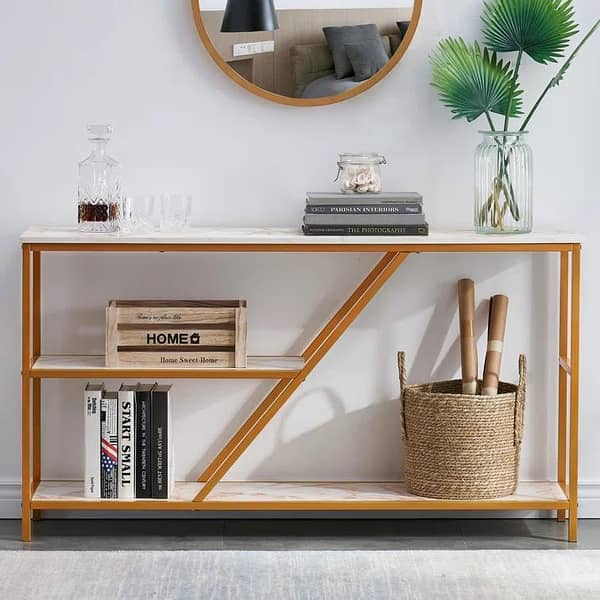 3-Teir Console Table Metal Frame Elegant Luxury Style Center Half Table