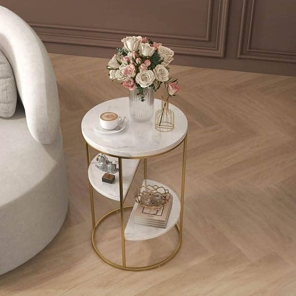 Three Tier Storage Coffee Table Wooden Marble Texture Side Table