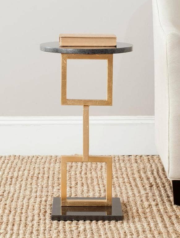 Modern Luxury Wooden Marble Texture Top End Table with Geometric Metal Frame, Premium Gold Finish, Elegant Contemporary Accent Side Table