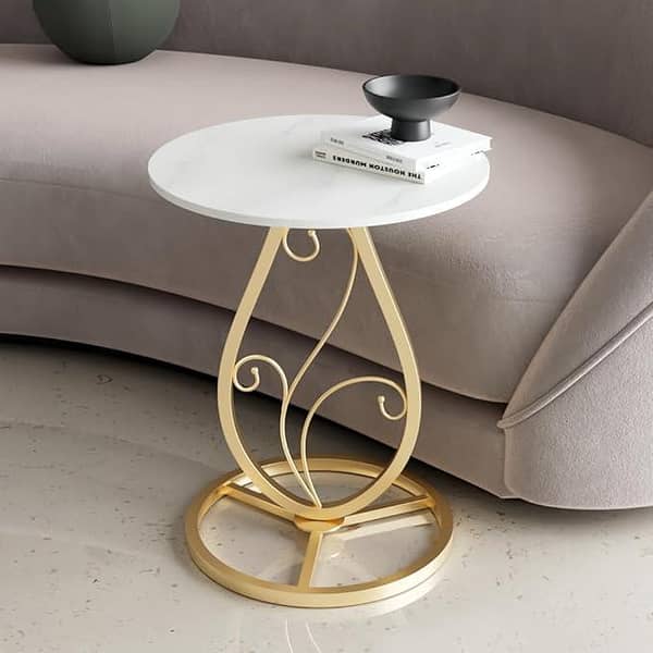 Elegant Round End Table Crafted with Wooden Marble Texture Finish and Artistic Metal Frame Perfect for Modern Living Spaces