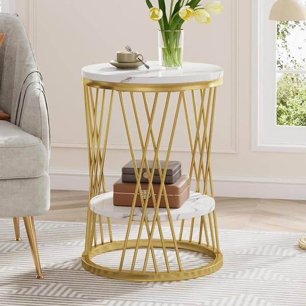 Elegant Round Side Table with Wooden Marble Texture Top, Durable Gold Metal Frame, Storage Design, Modern Accent Table