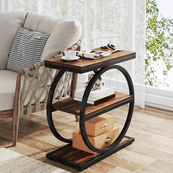 Modern Circular Wooden and Marble Texture Side Table with Sculptural Black Metal Frame, Three Tier Storage, Elegant Accent