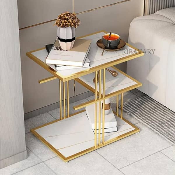 Three-shelf wooden table featuring marble-textured surfaces and a sturdy metal frame, blending modern elegance
