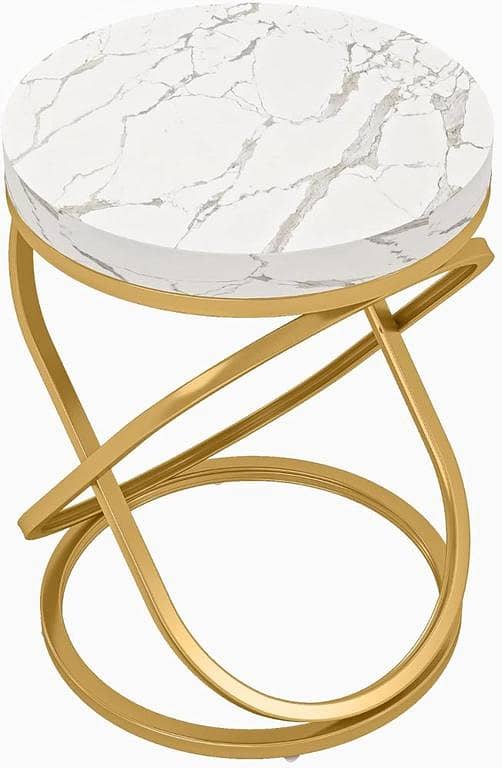 Elegant Round Coffee Side Table with Wooden Marble Texture Top and Strong Gold Metal Frame, Perfect Modern Furniture