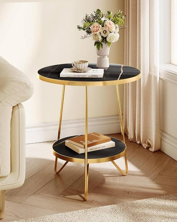 Modern Double Shelf Accent Table Featuring Wooden Marble Texture Top and Base with Strong Gold Metal Frame for Stylish Home Décor