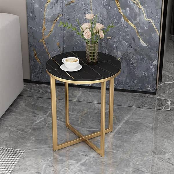 Modern Luxury Round Side Table with Premium Wooden Marble Texture Top and Elegant Gold Metal Frame for Contemporary Living Spaces