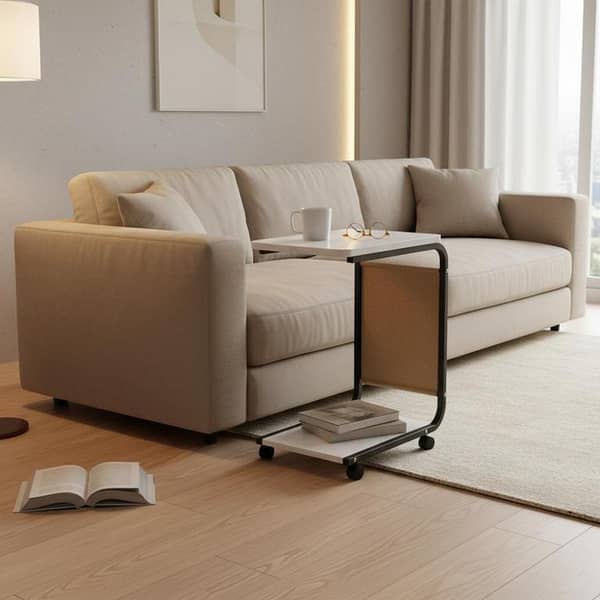Modern C-Shape Rolling Coffee Table – Sofa Side Snack & Laptop Stand