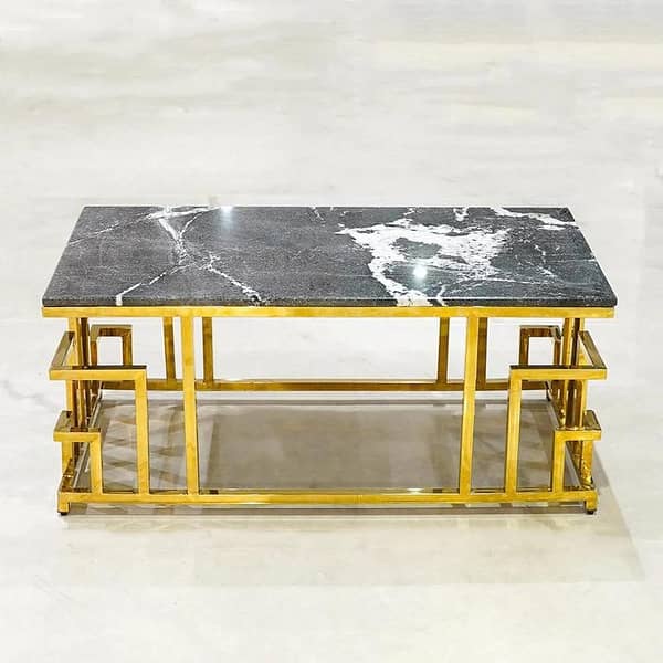 Modern Luxury Center Table – Wooden Marble Texture with Gold metal frame elegant shape