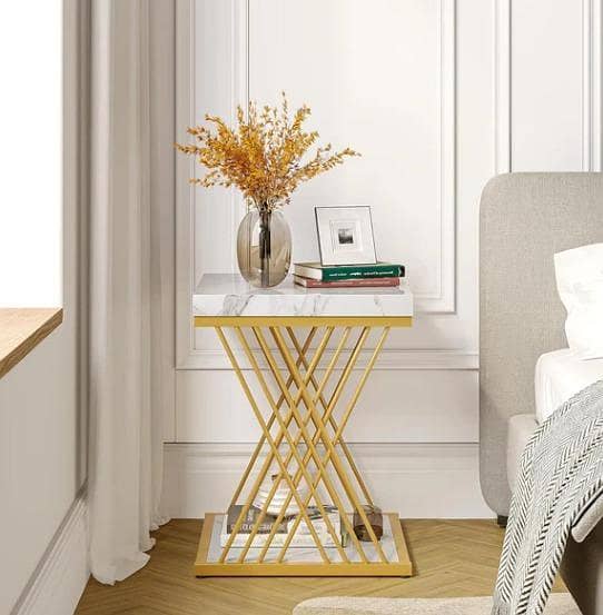 “2-Tier Square Faux Marble End Table – Modern White & Gold Accent”
