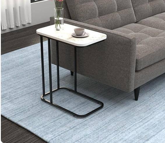 Premium C-Shape Sofa Side Table | Modern Black Metal Frame with White Top | Coffee & Laptop Stand