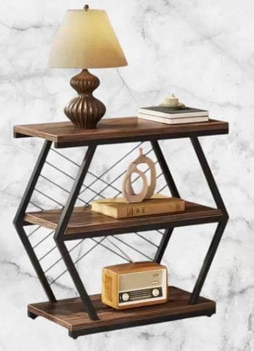 “Three-Tier Wooden Shelf – Black Frame with Marble Texture Top”