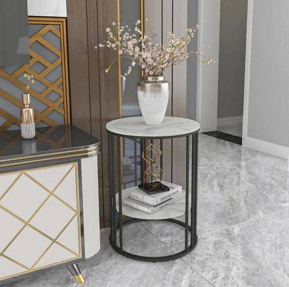 “2-Tier Round White Sintered Stone End Table – Modern Sofa Side Table”
