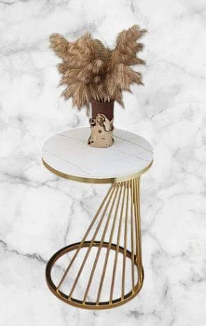 Round White Side Table with Gold Metal Frame – Elegant Coffee & Accent Table for Living Room