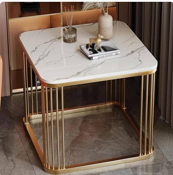 Coffee Table with Marble Texture Sheet & Metal Frame – Ideal for Living Room, Bedroom, Balcony & Small Spaces.