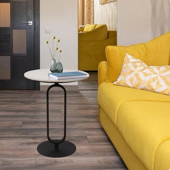 Side Table with Marble Texture Top – Modern Metal Round Sofa & End Table for Living Room & Bedroom