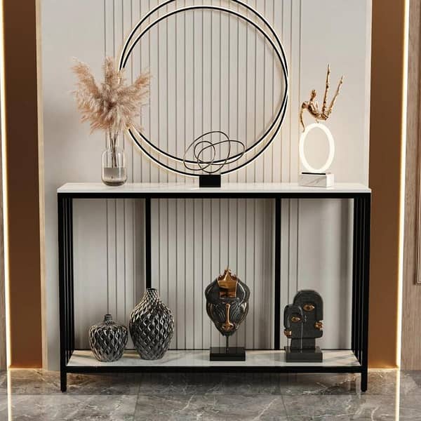 Elegant Dual Shelf Marble and Matte Black Metal Designer Accent Console Table
