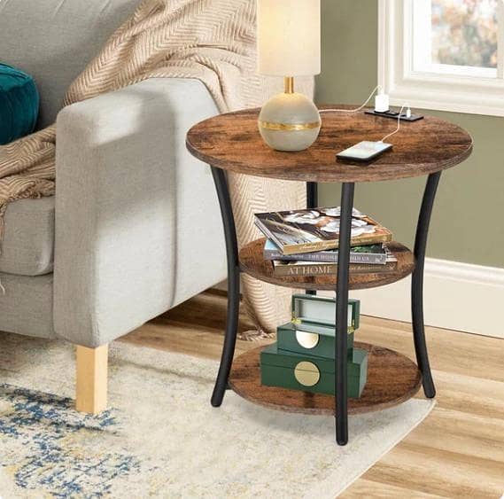 Round Side Table – 3-Tier Storage Shelf for Bedroom & Living Room