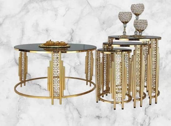 Opulent Gold & Black Glass Nesting Tables with Intricate Design – Luxury Living Room Set