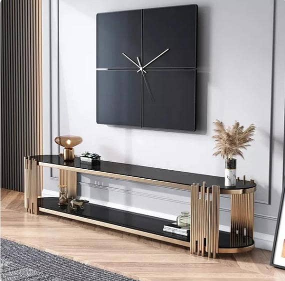 Luxury Gold Metal TV Console Table – Modern Black Glass Entertainment Stand