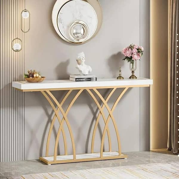 Designer Gold Curved Metal Console Table  White Surface for Luxury Entryways