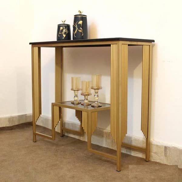Modern Glam Console Table with Gold Base and Smooth Black wooden Marble Texture Surface for Luxury Home Decoration