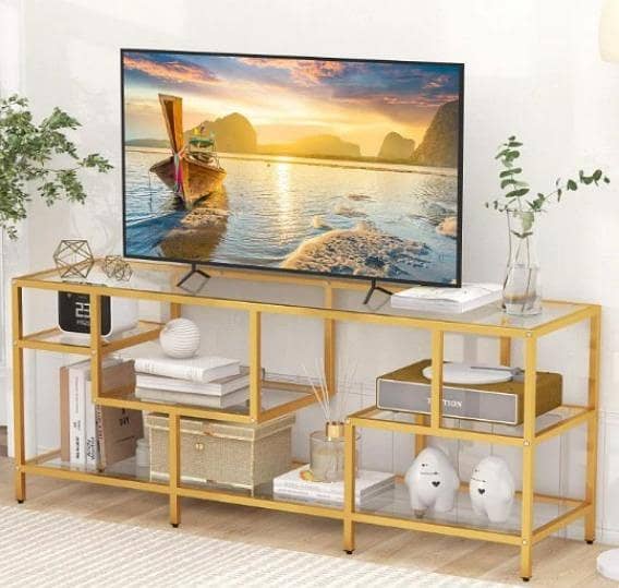 Luxury Gold Metal TV Stand – Modern Entertainment Console Table with Black Glass Top
